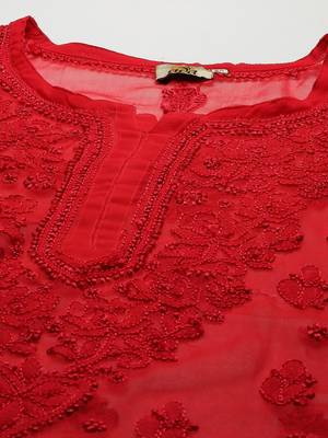 Ada Women Hand Crafted Red Georgette Lucknowi Chikankari Indian Kurti With Slip - A911140 2