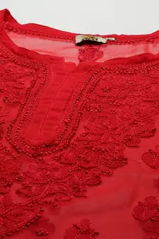 Ada Women Hand Crafted Red Georgette Lucknowi Chikankari Indian Kurti With Slip - A911140