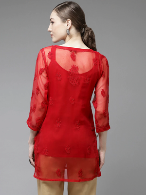 Ada Women Hand Crafted Red Georgette Lucknowi Chikankari Indian Kurti With Slip - A911140 3