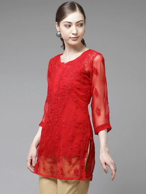 Ada Women Hand Crafted Red Georgette Lucknowi Chikankari Indian Kurti With Slip - A911140 4