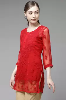 Ada Women Hand Crafted Red Georgette Lucknowi Chikankari Indian Kurti With Slip - A911140