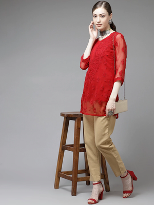 Ada Women Hand Crafted Red Georgette Lucknowi Chikankari Indian Kurti With Slip - A911140 5
