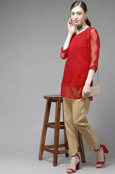 Ada Women Hand Crafted Red Georgette Lucknowi Chikankari Indian Kurti With Slip - A911140