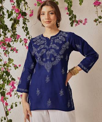 Hand Crafted Royal Blue Cotton Lucknowi Chikankari Indian Women Top 1