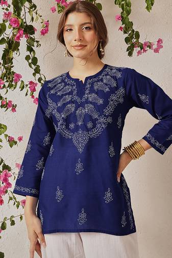 Hand Crafted Royal Blue Cotton Lucknowi Chikankari Indian Women Top