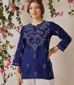 Hand Crafted Royal Blue Cotton Lucknowi Chikankari Indian Women Top