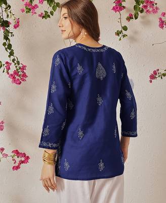 Hand Crafted Royal Blue Cotton Lucknowi Chikankari Indian Women Top 2