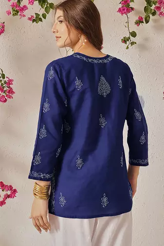 Hand Crafted Royal Blue Cotton Lucknowi Chikankari Indian Women Top
