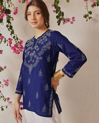 Hand Crafted Royal Blue Cotton Lucknowi Chikankari Indian Women Top 3