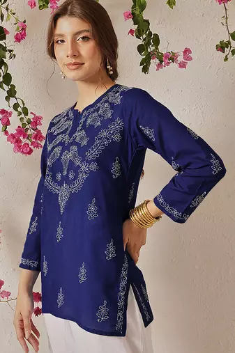 Hand Crafted Royal Blue Cotton Lucknowi Chikankari Indian Women Top