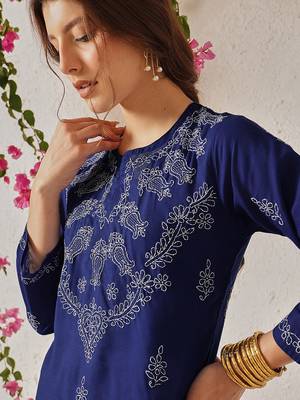 Hand Crafted Royal Blue Cotton Lucknowi Chikankari Indian Women Top 4