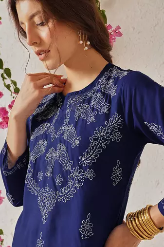 Hand Crafted Royal Blue Cotton Lucknowi Chikankari Indian Women Top