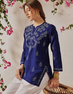 Hand Crafted Royal Blue Cotton Lucknowi Chikankari Indian Women Top 5