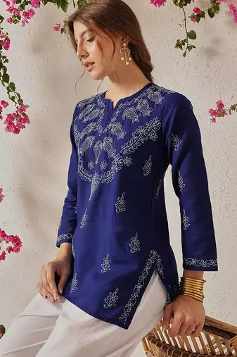 Hand Crafted Royal Blue Cotton Lucknowi Chikankari Indian Women Top