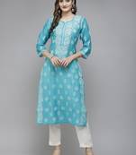 Ada Hand Crafted Blue Chanderi Lucknowi Chikan Indian Women Kurta - A411342