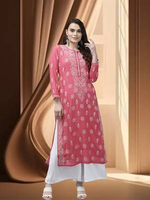 Ada Handmade Magenta Chanderi Lucknow Chikankari Indian Women Kurta - A411341 1