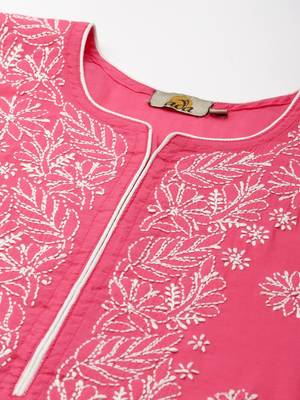 Ada Handmade Magenta Chanderi Lucknow Chikankari Indian Women Kurta - A411341 2