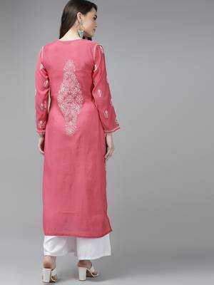 Ada Handmade Magenta Chanderi Lucknow Chikankari Indian Women Kurta - A411341 3