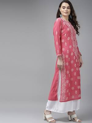 Ada Handmade Magenta Chanderi Lucknow Chikankari Indian Women Kurta - A411341 4