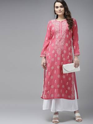 Ada Handmade Magenta Chanderi Lucknow Chikankari Indian Women Kurta - A411341 5