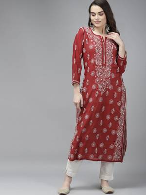 Hand Crafted Maroon Chanderi Lucknow Chikankari Indian Women Kurta 1