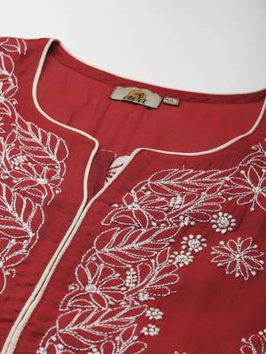 Hand Crafted Maroon Chanderi Lucknow Chikankari Indian Women Kurta 2