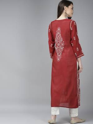 Hand Crafted Maroon Chanderi Lucknow Chikankari Indian Women Kurta 3