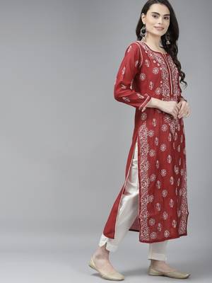 Hand Crafted Maroon Chanderi Lucknow Chikankari Indian Women Kurta 4