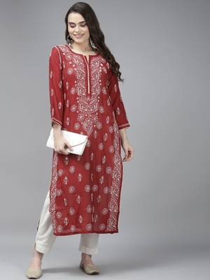 Hand Crafted Maroon Chanderi Lucknow Chikankari Indian Women Kurta 5
