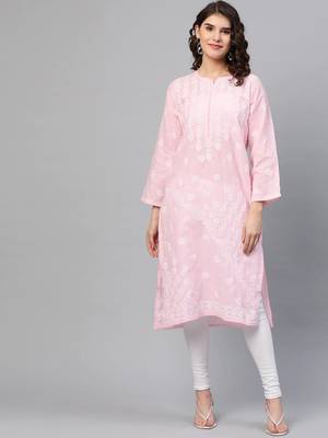 Handmade Pink Cotton Lucknowi Chikankari Indian Women Kurta 1