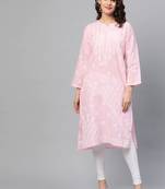 Handmade Pink Cotton Lucknowi Chikankari Indian Women Kurta
