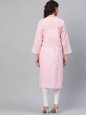 Handmade Pink Cotton Lucknowi Chikankari Indian Women Kurta 3