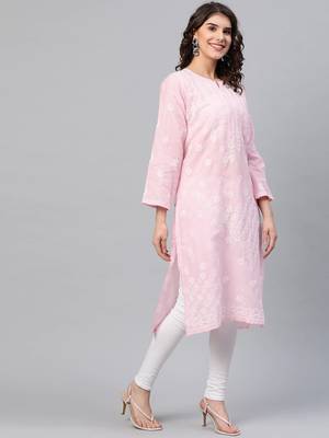 Handmade Pink Cotton Lucknowi Chikankari Indian Women Kurta 4