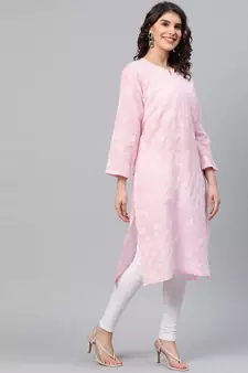 Handmade Pink Cotton Lucknowi Chikankari Indian Women Kurta