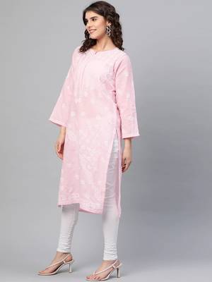 Handmade Pink Cotton Lucknowi Chikankari Indian Women Kurta 5