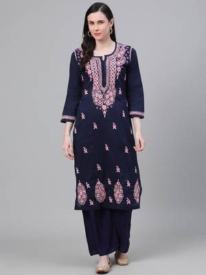 Handmade Navy Blue Cotton Lucknowi Chikankari Indian Women Kurta 1
