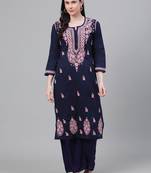 Handmade Navy Blue Cotton Lucknowi Chikankari Indian Women Kurta