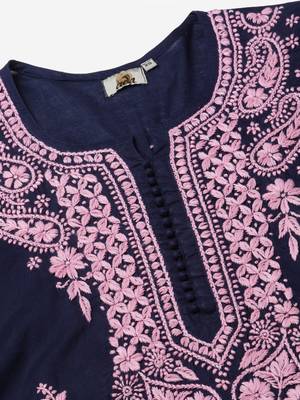 Handmade Navy Blue Cotton Lucknowi Chikankari Indian Women Kurta 2