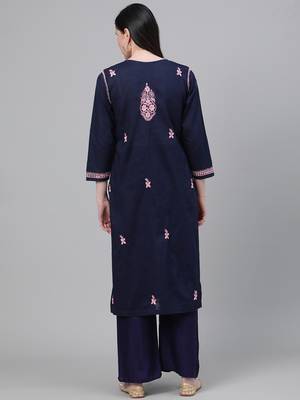 Handmade Navy Blue Cotton Lucknowi Chikankari Indian Women Kurta 3