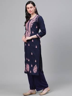 Handmade Navy Blue Cotton Lucknowi Chikankari Indian Women Kurta 4