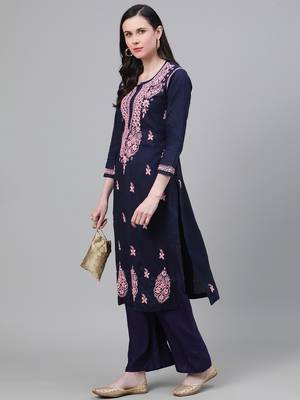 Handmade Navy Blue Cotton Lucknowi Chikankari Indian Women Kurta 5