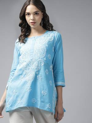 Women Handmade Blue Cotton Lucknowi Chikankari Indian Top 1