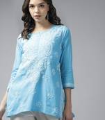 Women Handmade Blue Cotton Lucknowi Chikankari Indian Top
