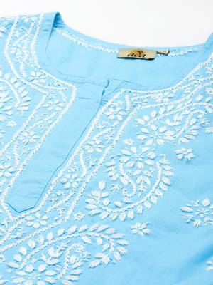 Women Handmade Blue Cotton Lucknowi Chikankari Indian Top 2
