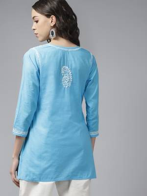 Women Handmade Blue Cotton Lucknowi Chikankari Indian Top 3