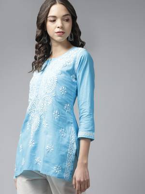 Women Handmade Blue Cotton Lucknowi Chikankari Indian Top 4