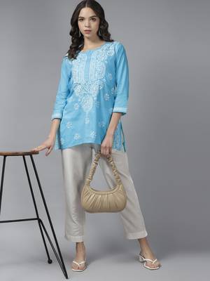 Women Handmade Blue Cotton Lucknowi Chikankari Indian Top 5
