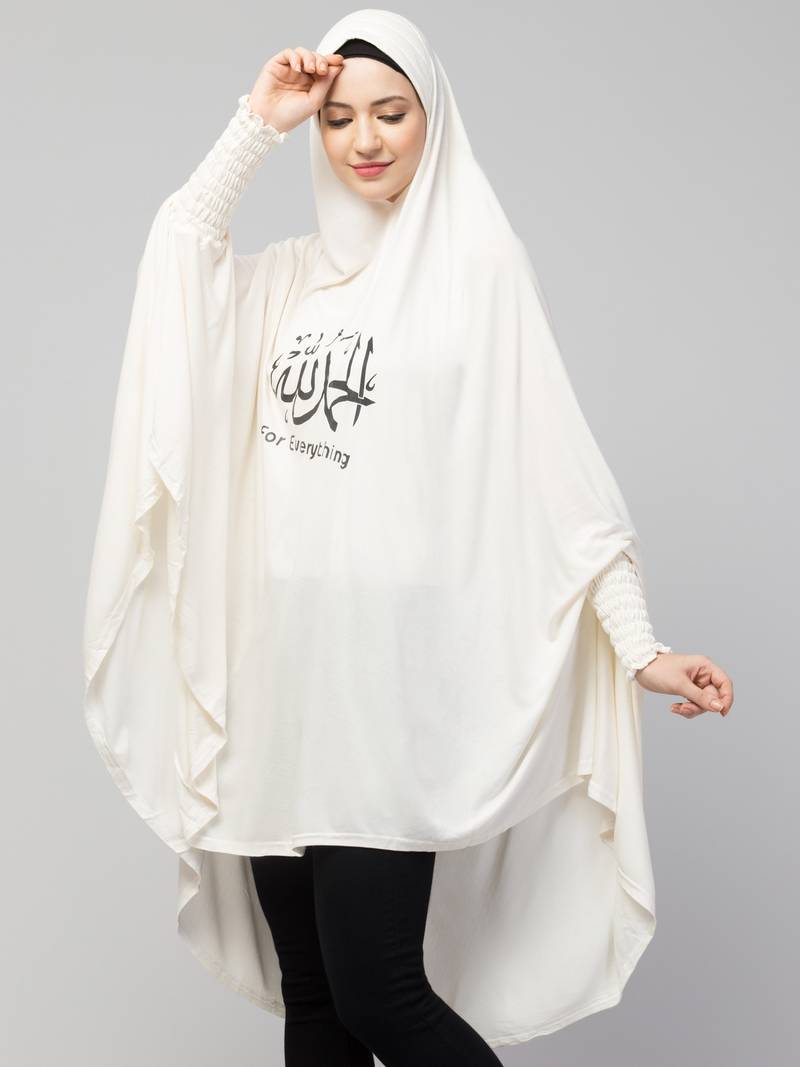 Nazneen Islamic Calligraphy printed  stretchable Jersey smoking at  sleeve  Jilbab cum prayer khimar  Hijab