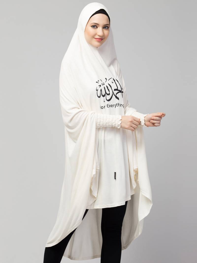 Nazneen Islamic Calligraphy printed  stretchable Jersey smoking at  sleeve  Jilbab cum prayer khimar  Hijab