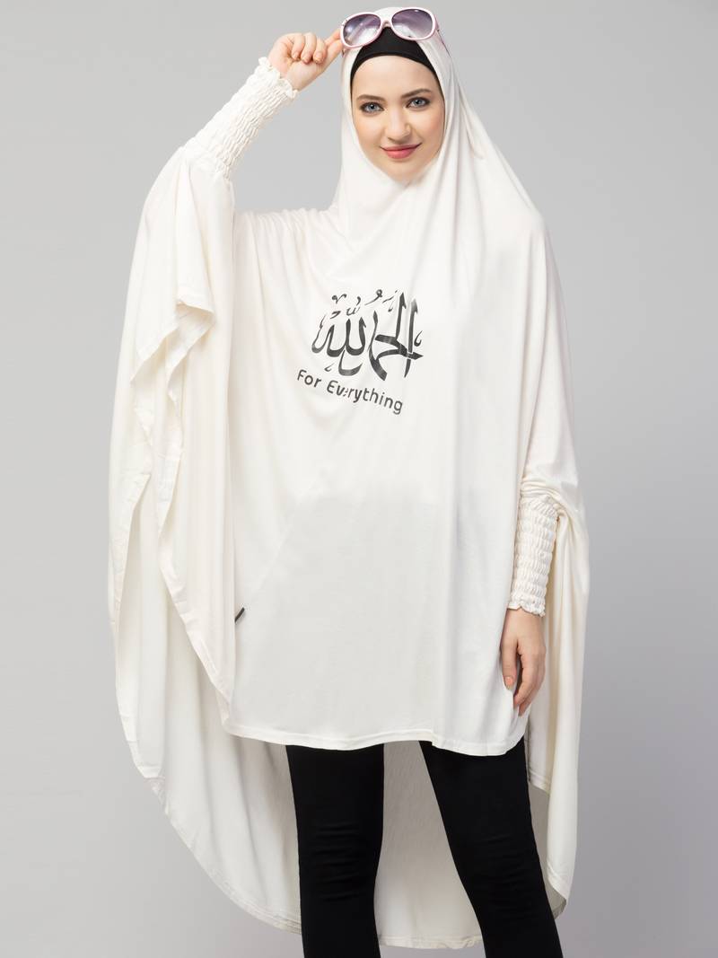 Nazneen Islamic Calligraphy printed  stretchable Jersey smoking at  sleeve  Jilbab cum prayer khimar  Hijab
